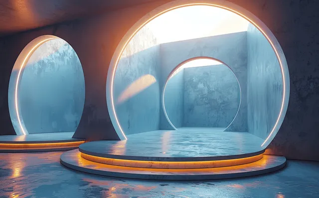Futuristic glowing podium on a digital stage with circular light portals backdrop