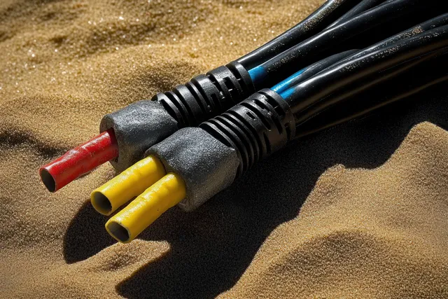 Electrical cable with heat shrink tubing connectors on sandy surface under direct sunlight
