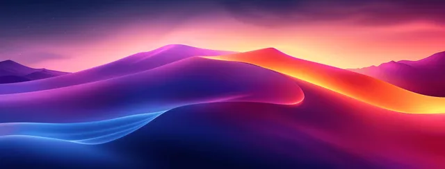 Neon wave ribbons flowing over purple mountain landscape at sunset