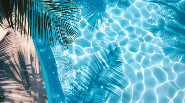 Blue swimming pool water surface with palm shadow and bright sunlit ripples