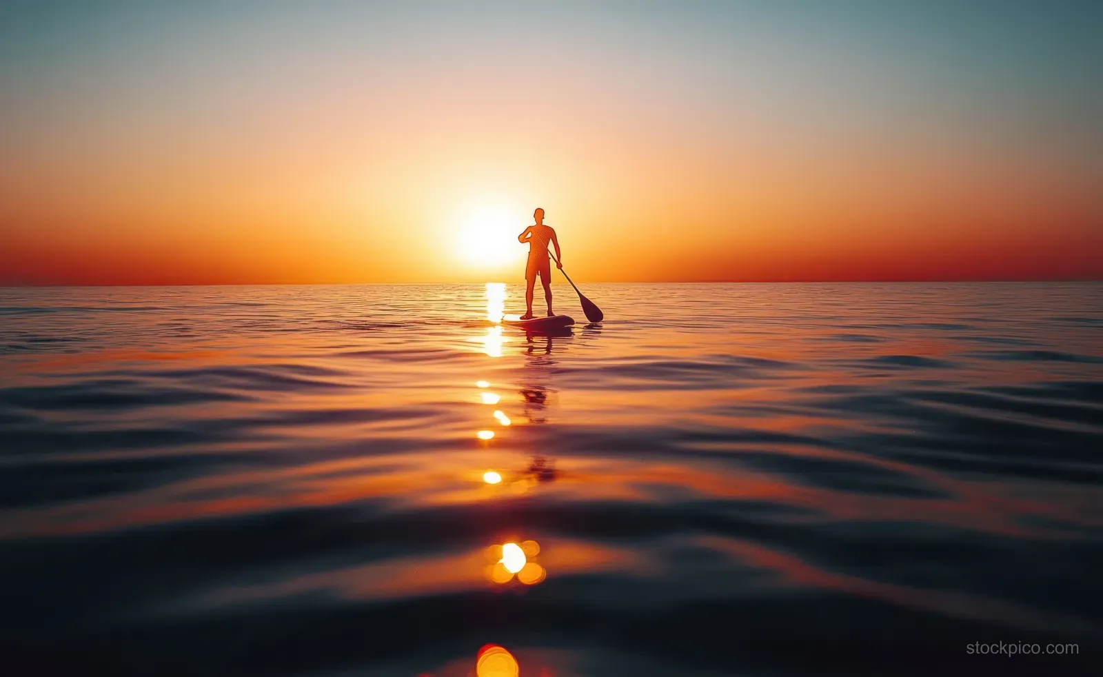 Silhouette of a paddleboarder standing and paddling across calm water at sunset with rippling reflections.