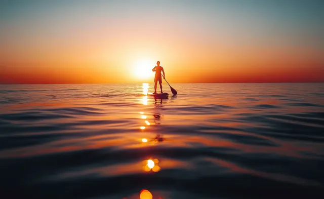 Silhouette of a paddleboarder standing and paddling across calm water at sunset with rippling reflections.