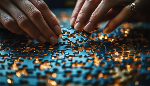 Hands place interlocking puzzle pieces on a table, suggesting merger integration and deal negotiation.