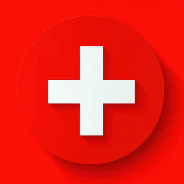 White medical cross icon centered on a red circle with a soft shadow.