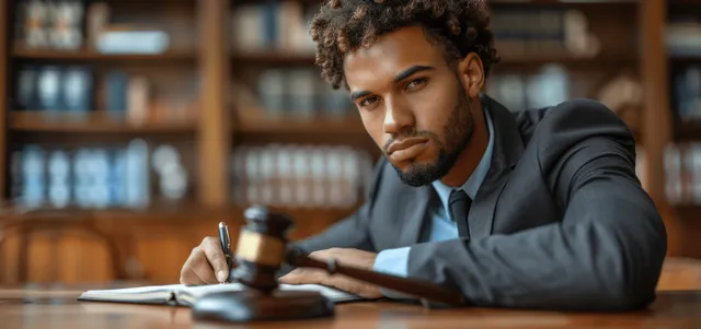 A businessman writes legal paperwork at a desk with a gavel and folders in a softly lit office.