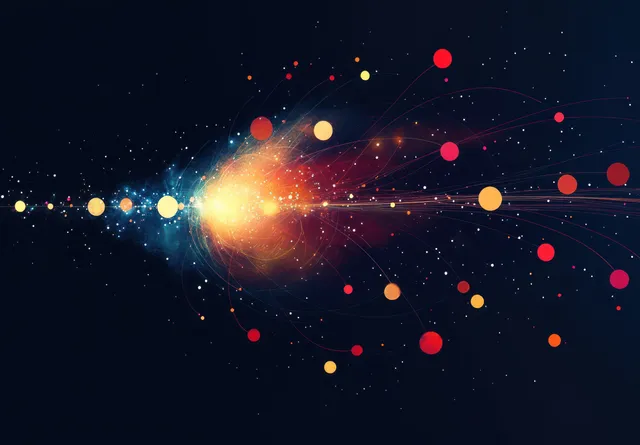 A bright cosmic flare radiates glowing orbs and colorful particles outward over a dark starfield.