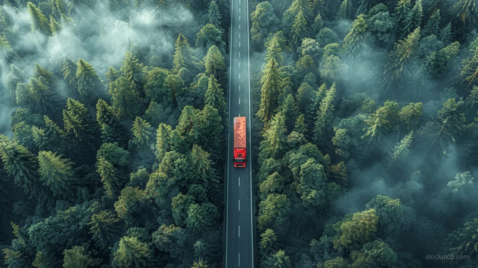 Aerial view shows a red truck driving along a highway through misty evergreen forest.
