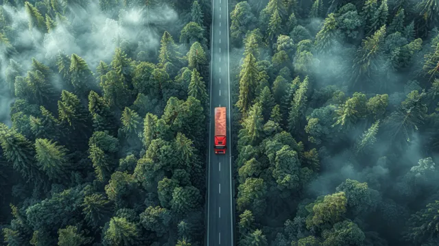 Aerial view shows a red truck driving along a highway through misty evergreen forest.