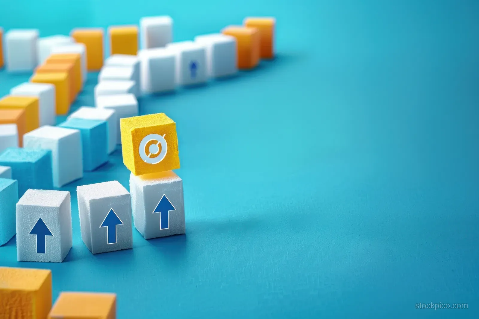 Yellow cube with reload icon stands among cubes showing upward arrows on a turquoise background.
