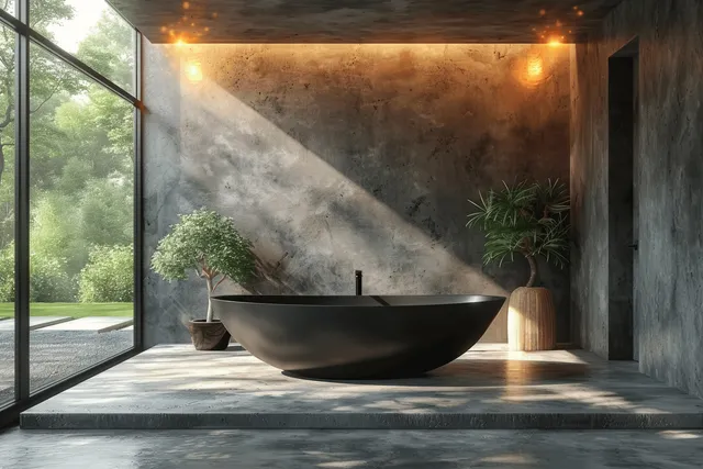 Minimalist bathroom interior with black bathtub, marble sink, concrete floor, and garden view