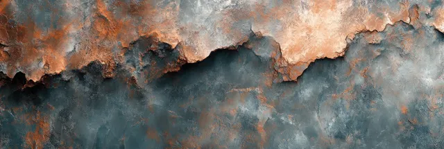 Peeling paint reveals rust-orange and dark gray layers on a rough, weathered metal surface.