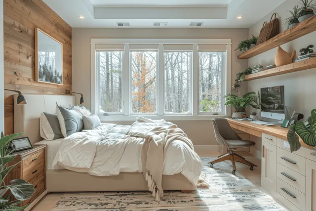 Sunlit minimalist bedroom showing a made bed, desk with monitor, and large windows framed by light wood and plants.