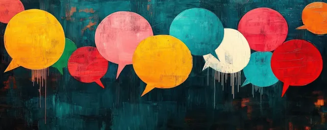 Overlapping colorful speech bubbles with dripping paint sit on a dark teal textured background.