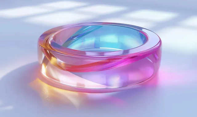 Iridescent holographic glass ring 3D render with rainbow gradient reflections on white background