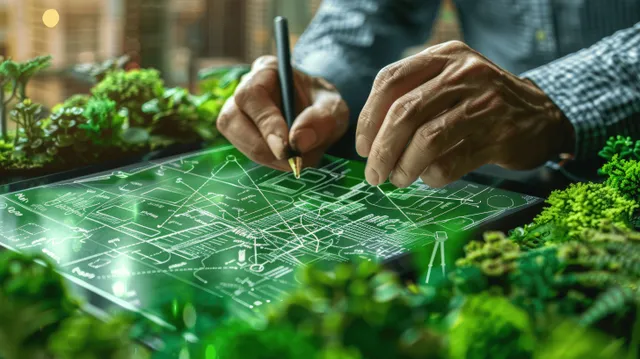 Manos dibujan una rejilla de energía verde brillante en una tableta transparente rodeada de plantas frescas.