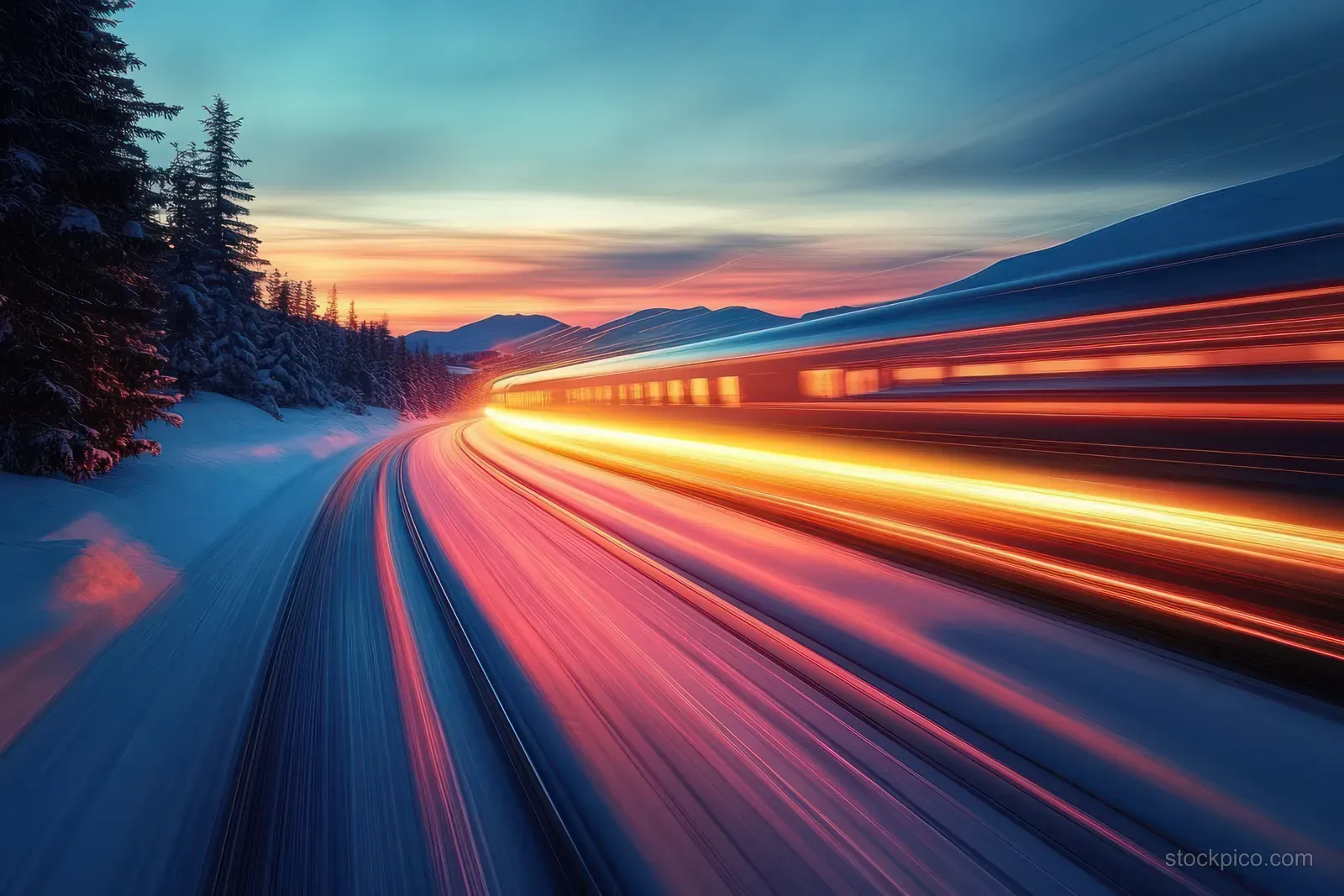 A high-speed train speeds past snowy tracks, leaving colorful light streaks through a pine forest at sunset.