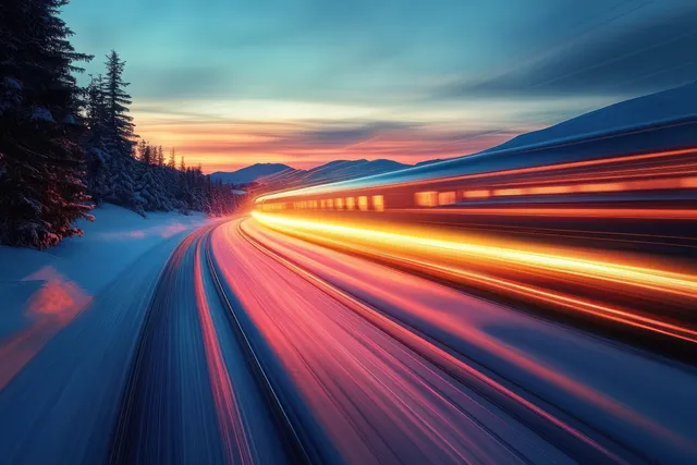 A high-speed train speeds past snowy tracks, leaving colorful light streaks through a pine forest at sunset.