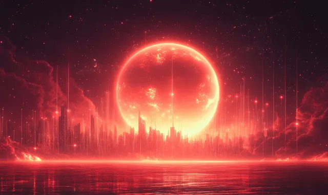 A glowing red planet sits above a reflective horizon with vertical light columns and curved orbital trails.