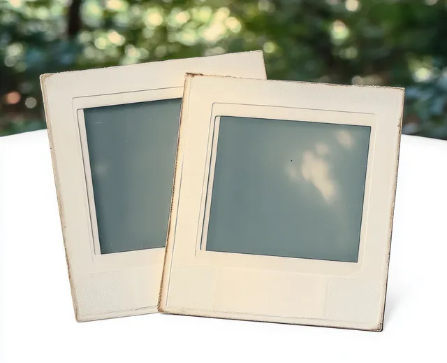 Two empty vintage photo slide frames rest on a white surface with blurred green leaves in the background.