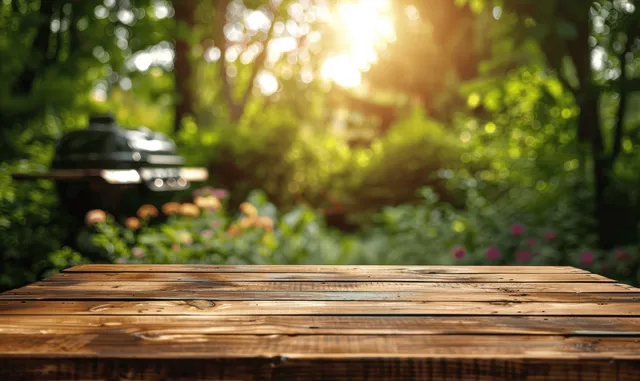 Sunlit wooden table in a leafy garden with a blurred barbecue grill behind it.