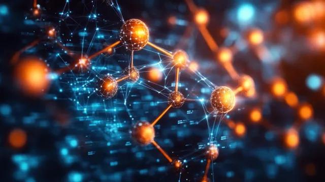 Glowing orange network spheres connected by thin lines across a dark blue digital space