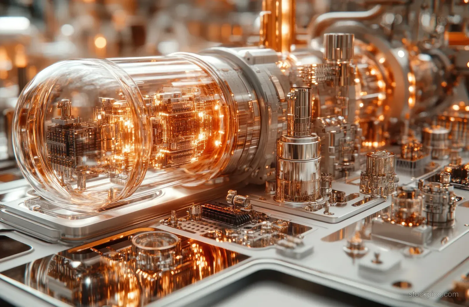 Golden illuminated quantum-style circuit board with metallic components and spotlight reflections on a compact system.
