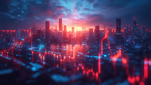 Dusk city skyline with glowing red and blue stock trading graph lines overlaid on the buildings.
