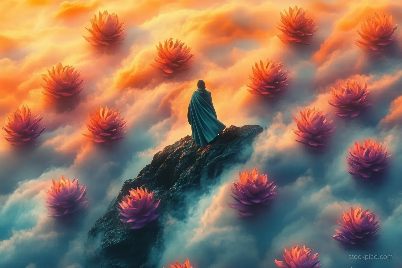 A blue-cloaked person stands on a rocky peak surrounded by mist and floating glowing lotus flowers.
