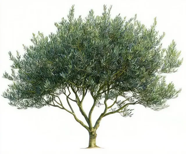 A large olive tree with dense silvery-green leaves and a sturdy branching trunk on a plain white background.