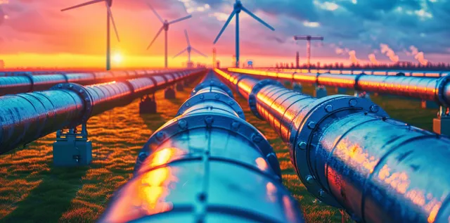 Hydrogen pipeline stretches across green field with wind turbines glowing at sunset with Blue And Orange Color