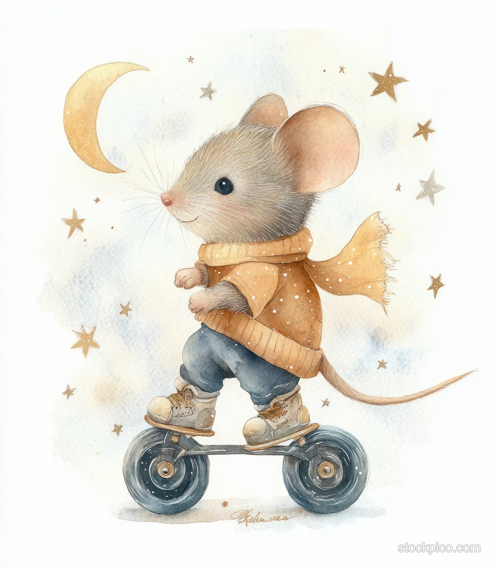 Watercolor mouse wearing scarf rides roller skates under a moon with star sparkles in the night sky.