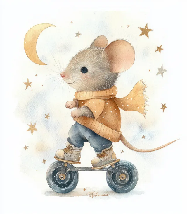 Mouse on roller skates dreaming of flight under moonlit stars watercolor