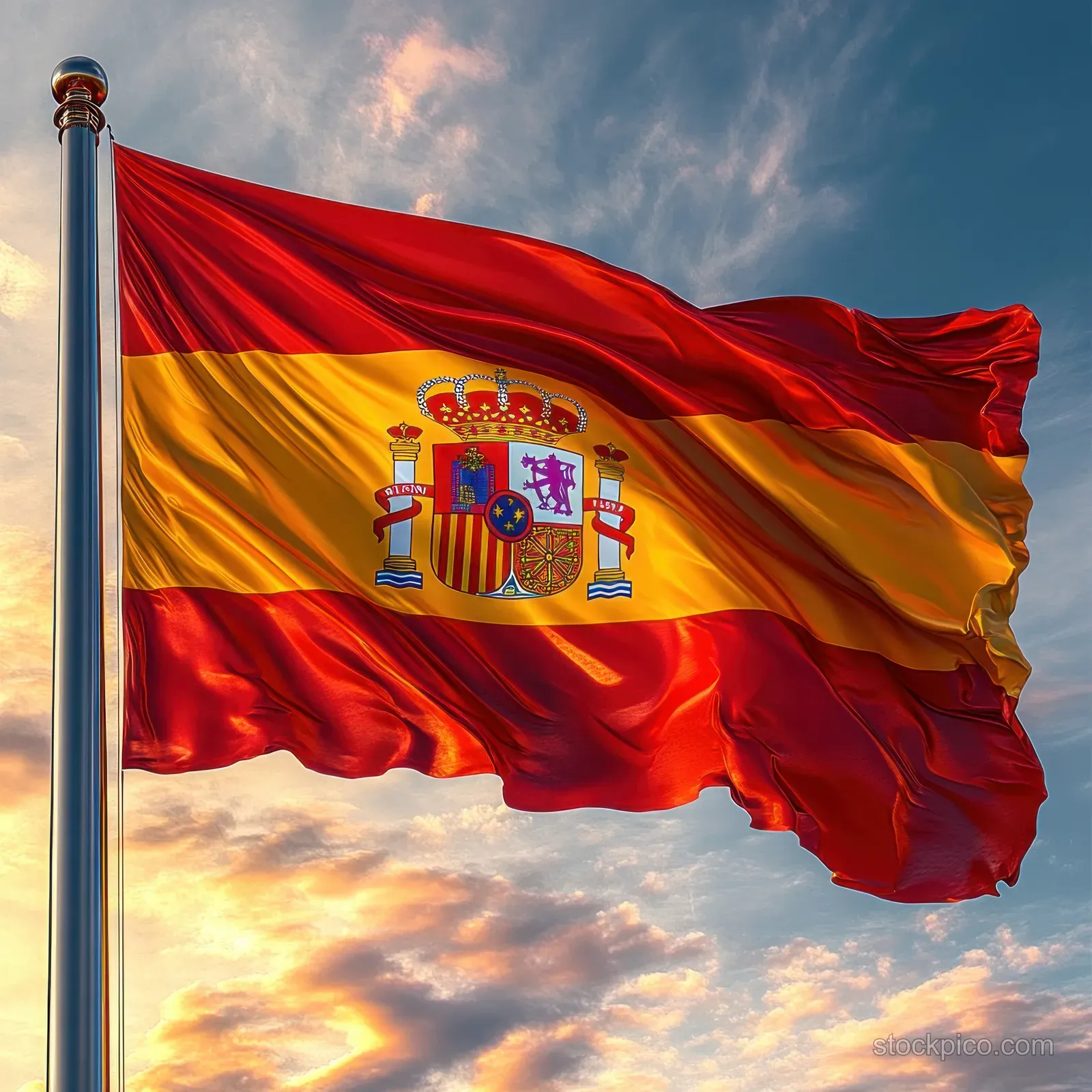 A red and yellow Spanish flag with coat of arms waves on a flagpole against a sunset cloud sky.
