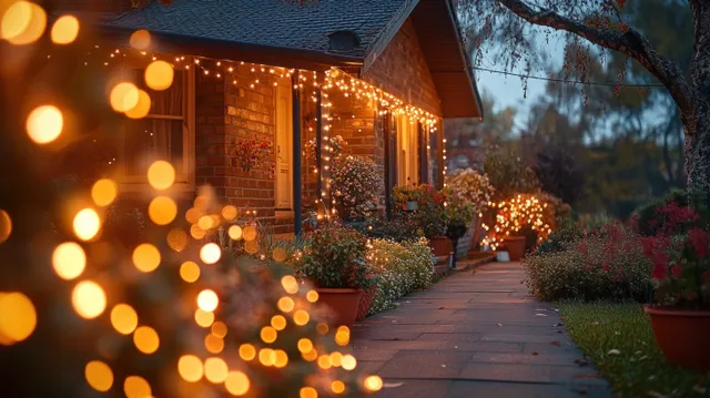 Warm fairy lights illuminate a brick house walkway beside potted plants at dusk.