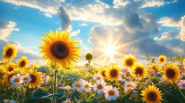 Sunflowers and daisies sway in a field as sunlight rays shine through partly cloudy skies.