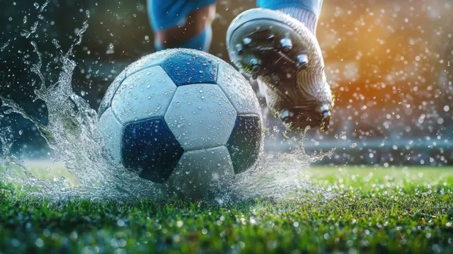 A soccer boot kicks a ball on wet grass, sending splashes upward under night lights.