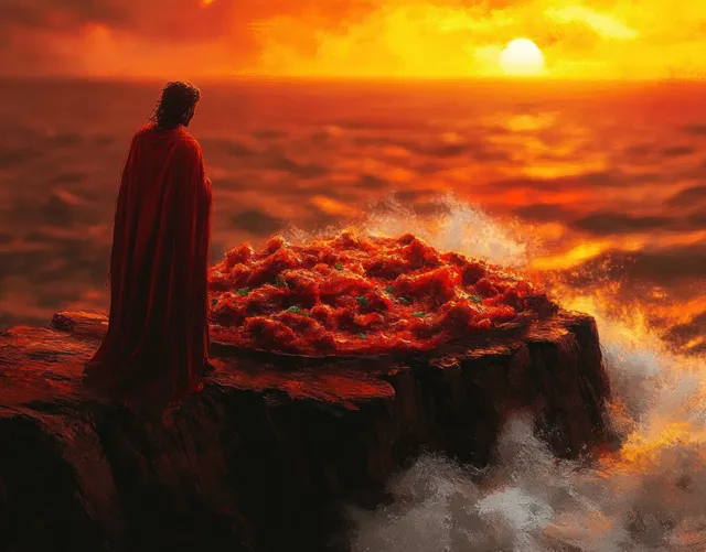 A red-cloaked figure overlooks turbulent ocean waves beside a glowing spaghetti and meatballs mound on rocky cliffs at sunset.