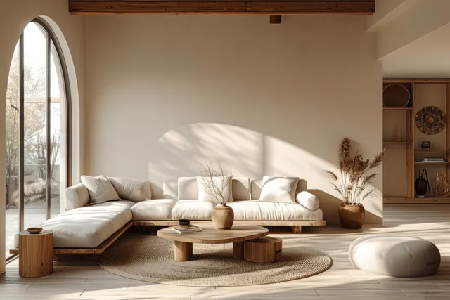 Beige sofa and wooden coffee tables in a minimalist Japandi living room lit by an arched window.