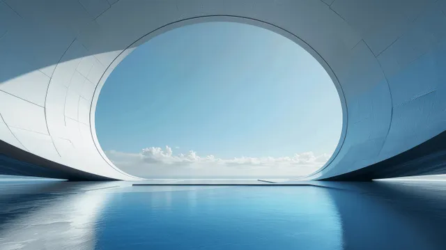 A circular futuristic tunnel frames blue sky while wet concrete reflections shimmer across the floor.