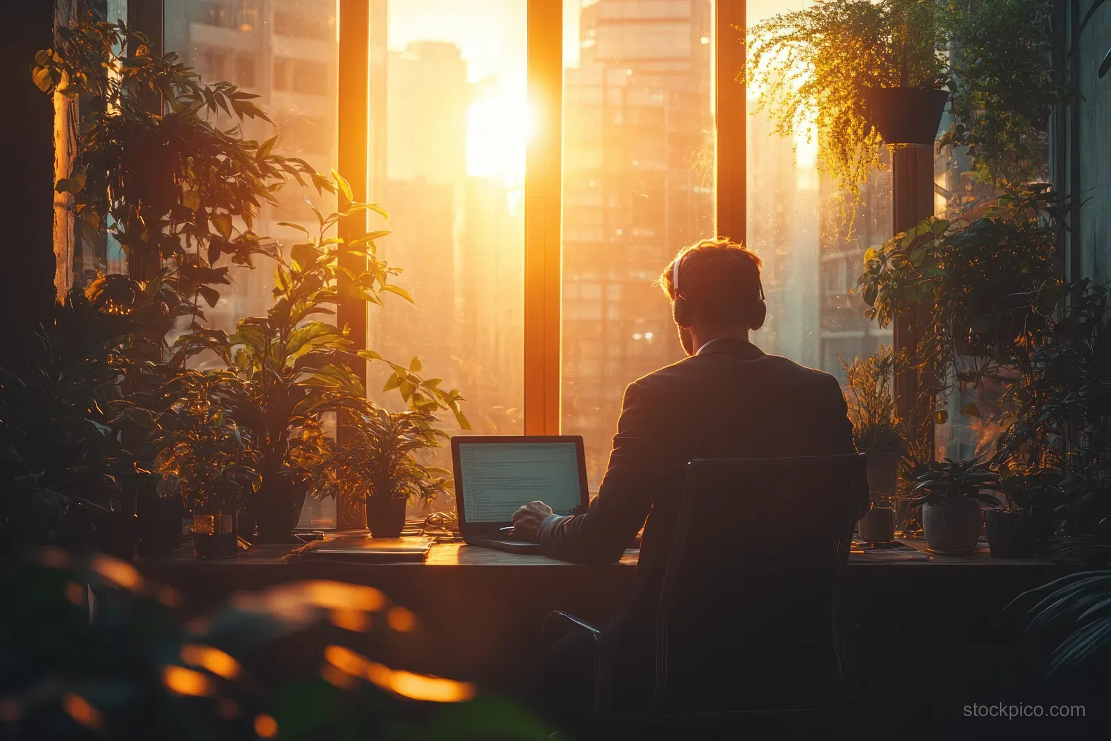 An Asian businessman wearing headphones types on a laptop at a sunlit office desk with plants around him.