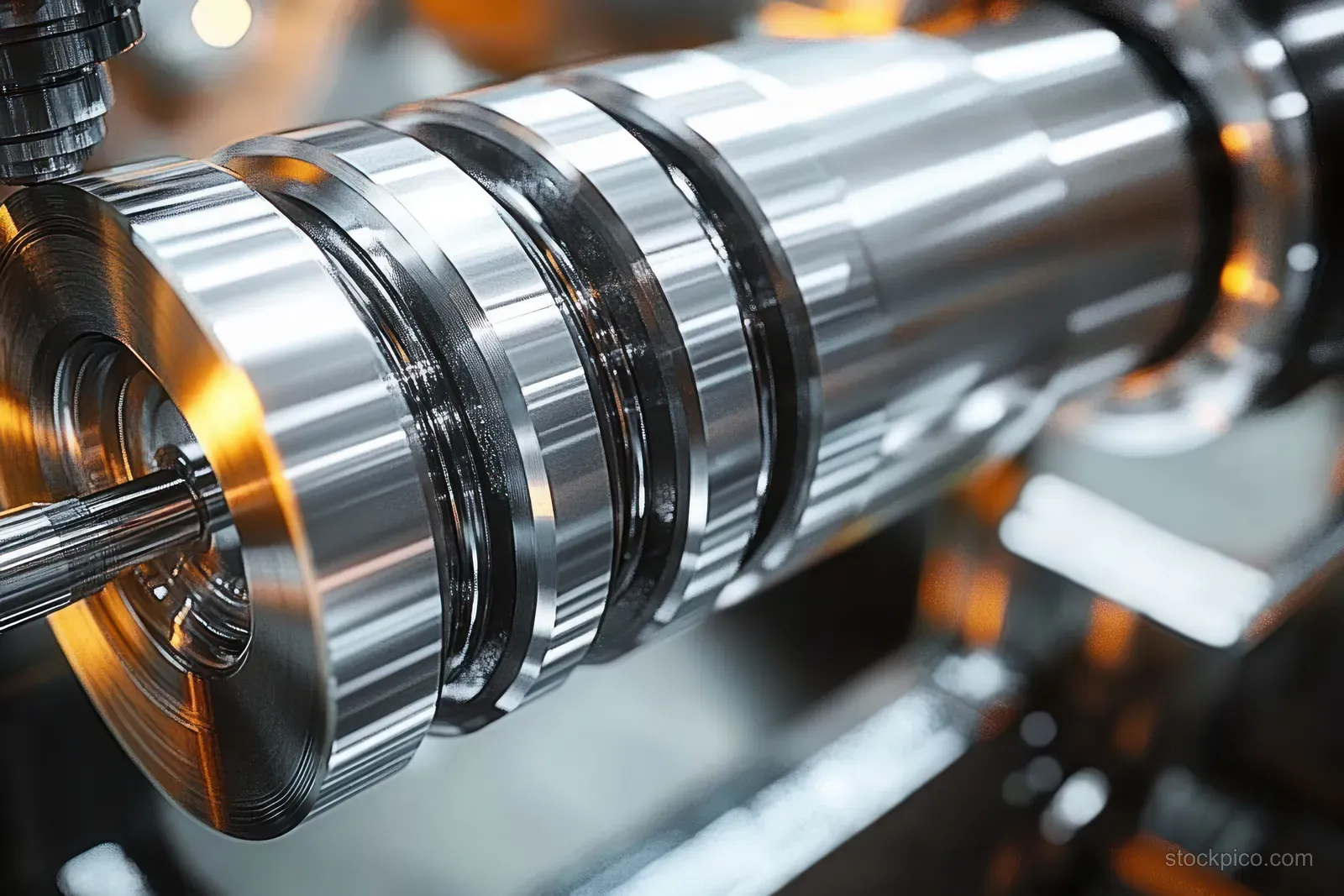 Close-up of a polished cylindrical metal machine component with concentric grooves and reflective surfaces on a lathe bench.