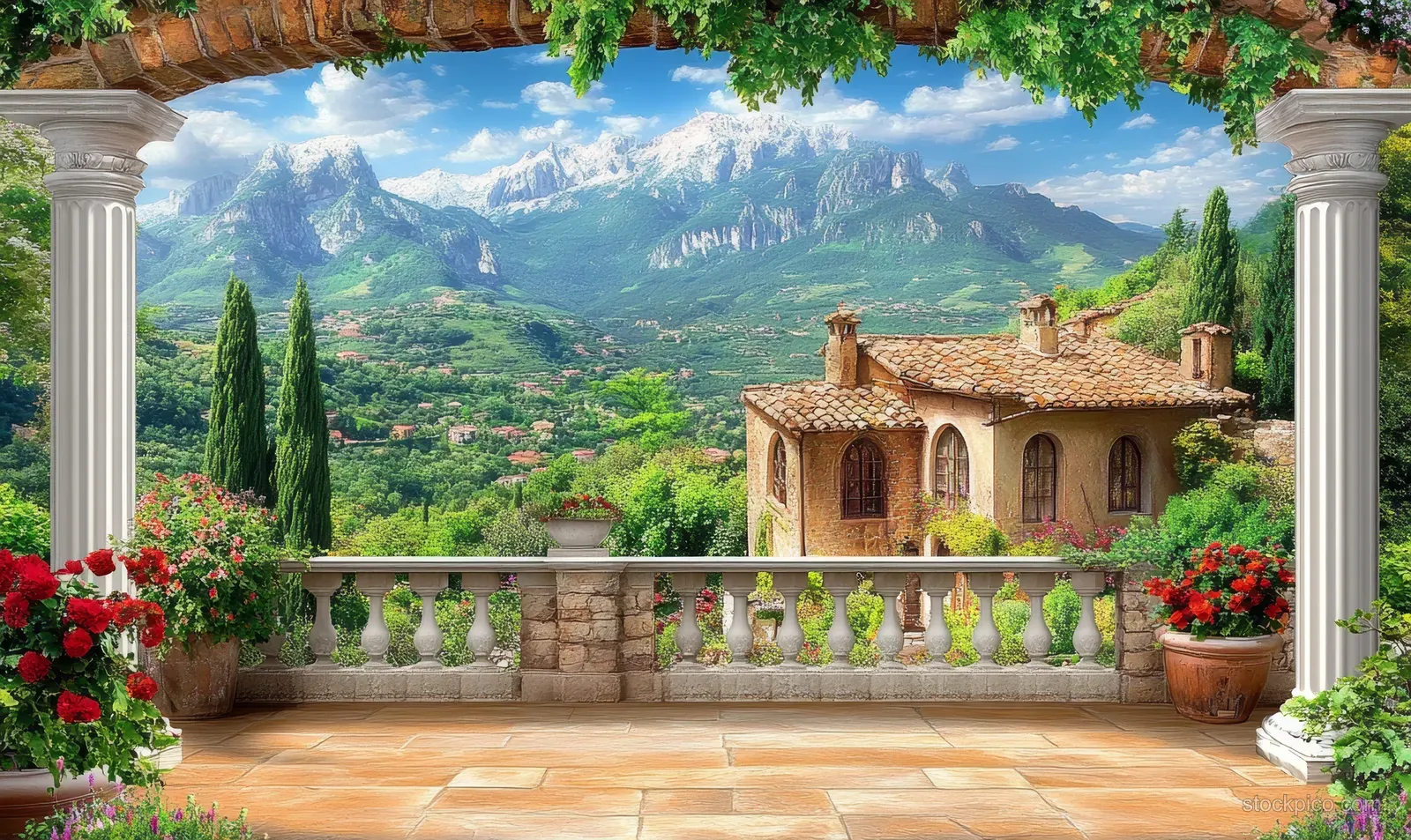 Stone terrace with flower planters and village buildings overlooks distant blue mountains and valley under a clear sky.
