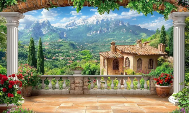 Stone terrace with flower planters and village buildings overlooks distant blue mountains and valley under a clear sky.