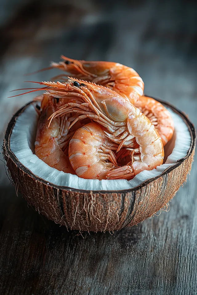 Cooked orange shrimp in a halved coconut shell on a rustic wooden table under natural light.