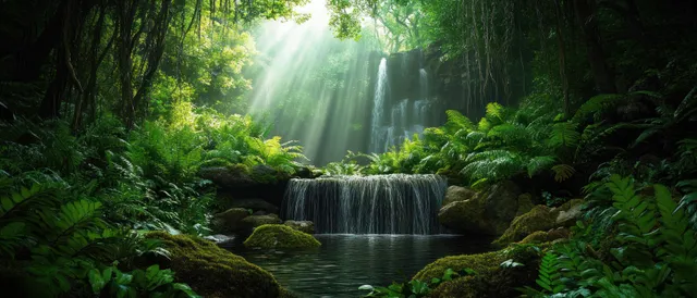 Sunlight rays stream through a green forest canopy onto cascading waterfalls over mossy rocks and ferns.