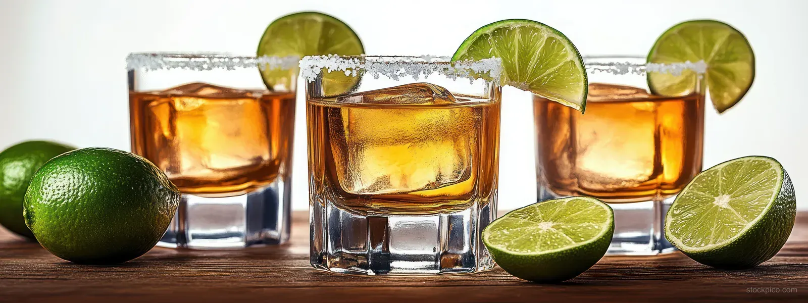 Three amber cocktails with ice cubes and salted rims, garnished with lime wedges on a wooden tabletop.
