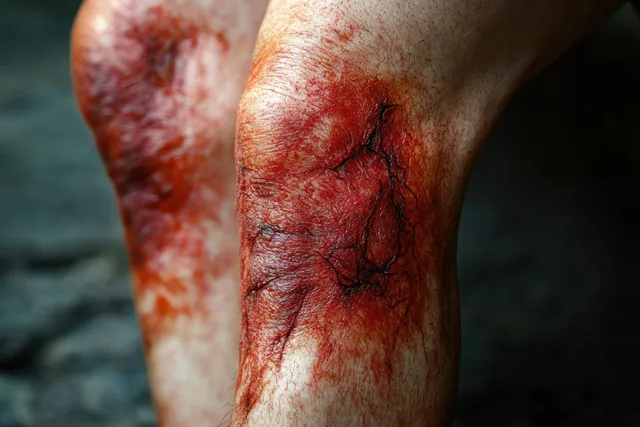 Injured human knee close-up with dried blood, cracked skin, and scabbed wound texture