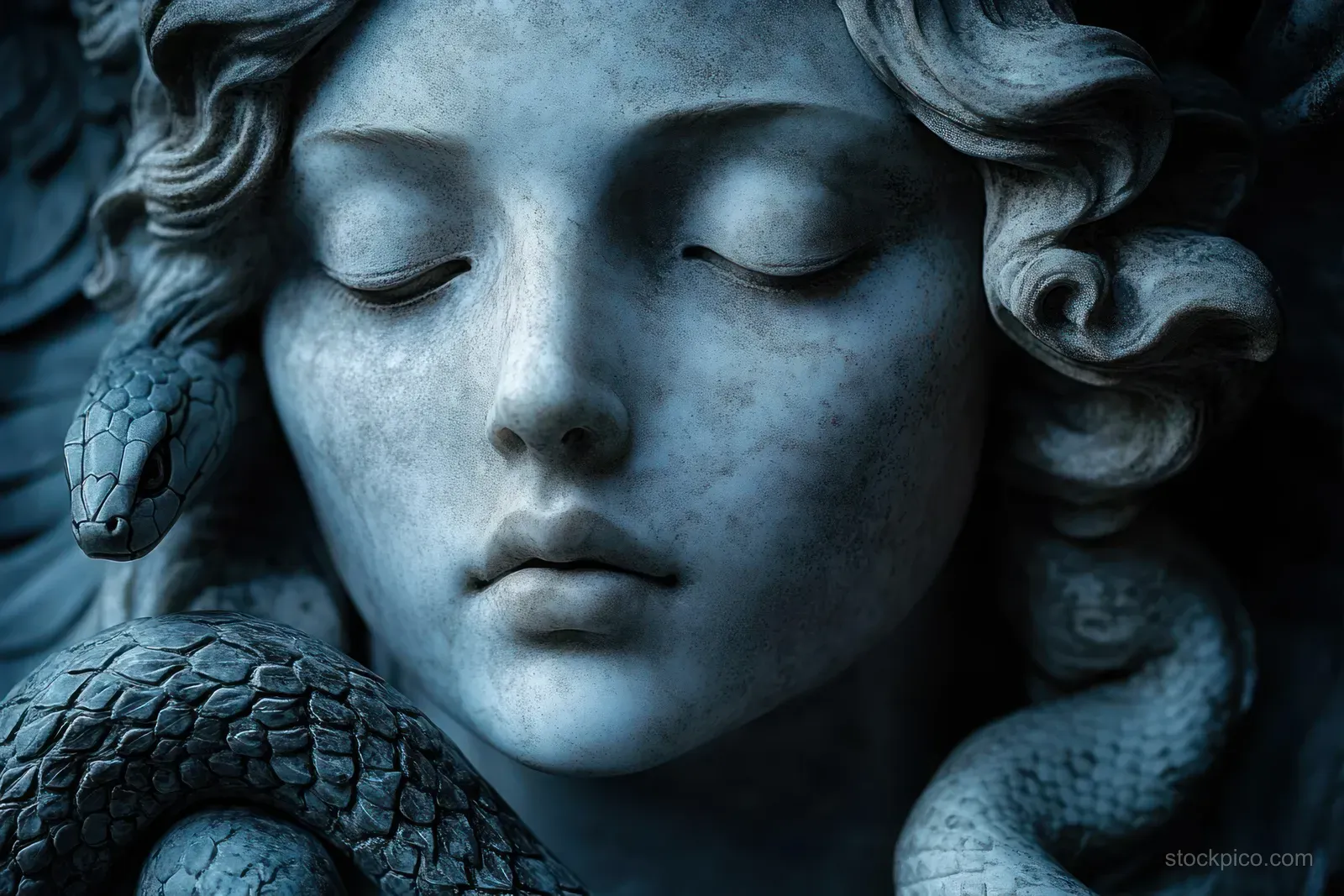 Close-up of a serene stone woman's face with closed eyes, curled hair, and a snake entwined beside it.