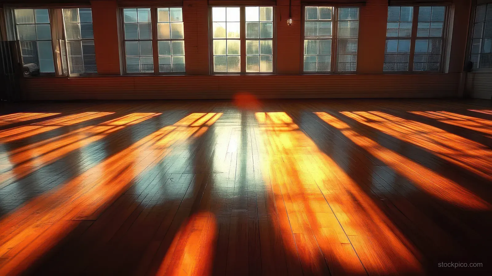Golden-hour sunbeams from large windows cast long striped shadows on a polished wooden floor inside an empty room.