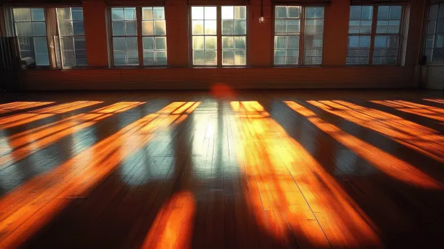 Golden-hour sunbeams from large windows cast long striped shadows on a polished wooden floor inside an empty room.